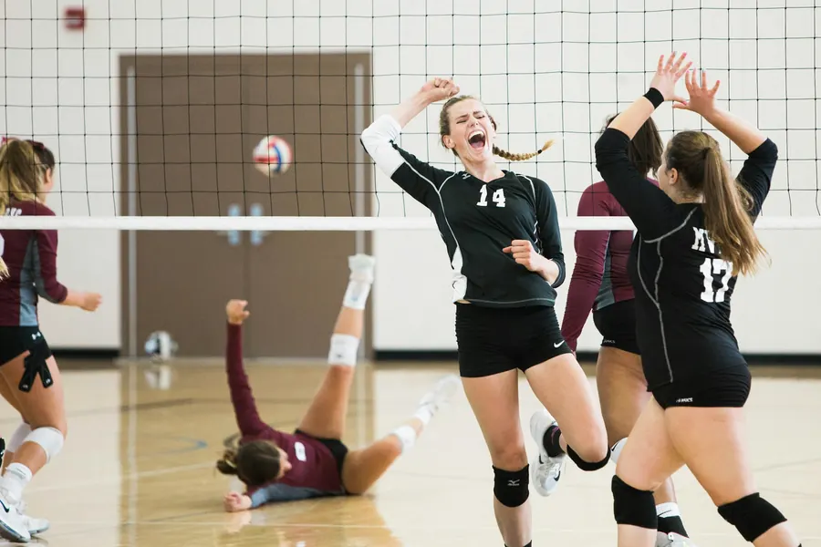 Players in black jerseys celebrating a point at the net