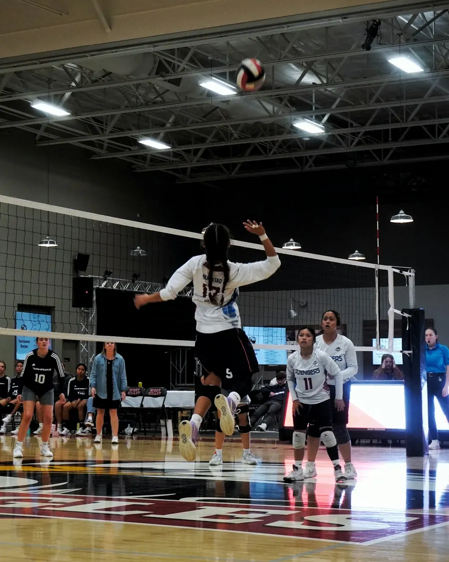 A youth club volleyball player leaps to hit the ball over the net during a tournament match in an indoor gym